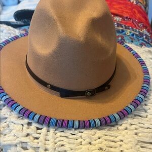 Tan Felt Fedora with Beaded Trim